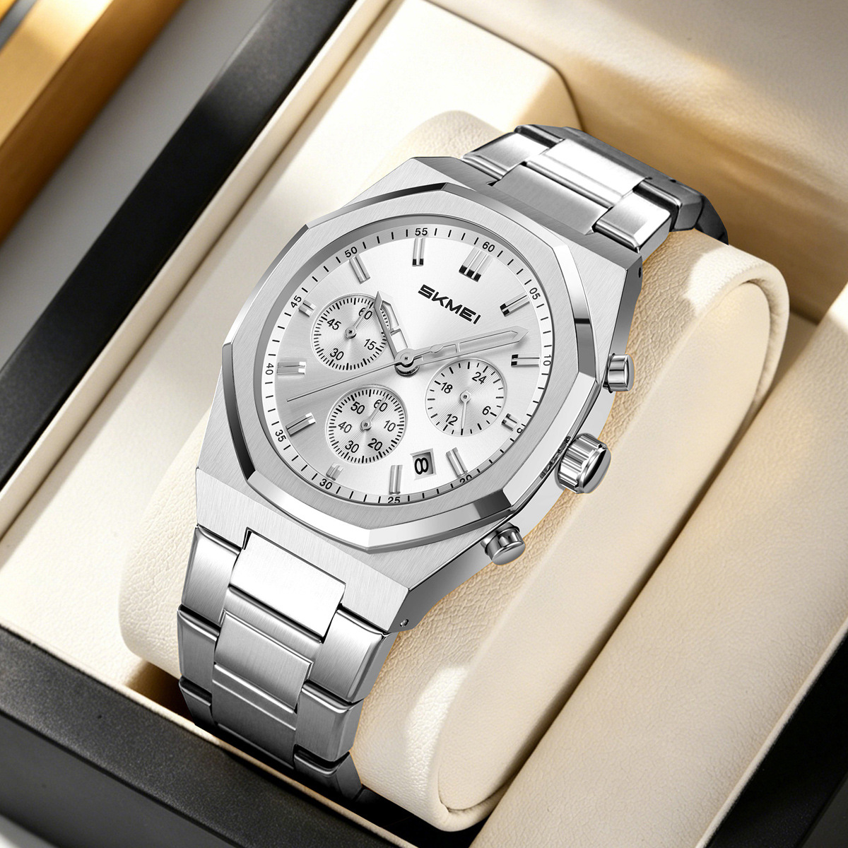 Momento de acero de octogón cronógrafo de cuarzo hombre impermeable relojes de negocios regalos personalizados mayoristas transfronterizos