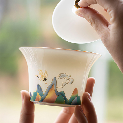 Tea cup, cover and bowl set, ceramic tea set, Chinese style high-end mutton fat jade white porcelain, home tea making gift box for entertaining guests