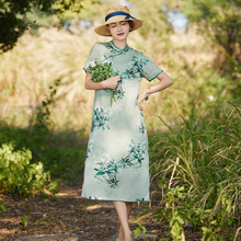 2025春季新款苎麻印花中国风盘扣改良旗袍裙立领短袖侧开叉连衣裙