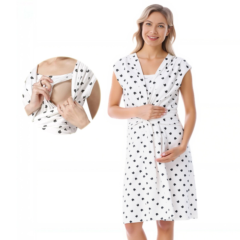 Floral Maternity Wear 2025 Summer Mid-Length V Neck Pure Cotton Maternity Dress Prenatal and Postpartum Outing Nursing Dress