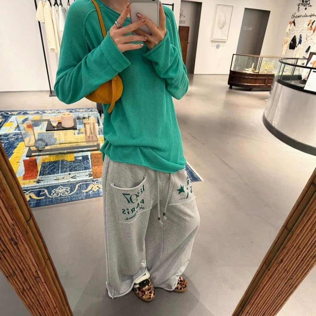 香菜不加辣 印花卷边拖地卫裤女夏季高腰宽松显瘦休闲裤女春秋季