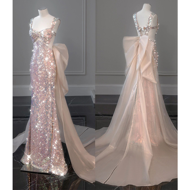 Evening Dress Women's Pink Sequins Sexy Shining Bride Wedding Toast Dress Banquet Performance Host Fishtail Sling