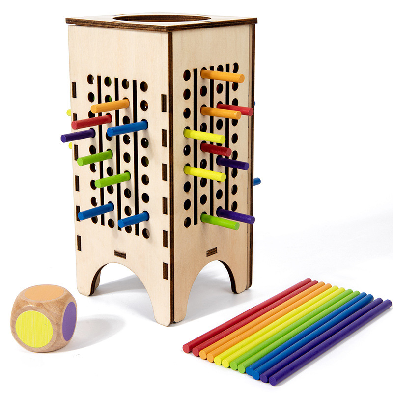 Puzzles de madera educación temprana divertida mano ojo coordinación clasificación de color 3 en 1 dibujo palo de madera juego de dados