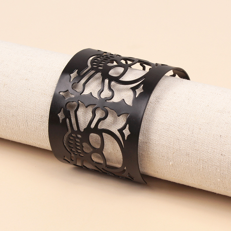 Bracelet en métal personnalisé avec tête de mort, bracelet large à manchette noire rétro punk pour Halloween_voghion.com