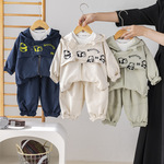 男童套装春秋款2025新款儿童宝宝秋装男孩卡通连帽拉链衫三件套潮