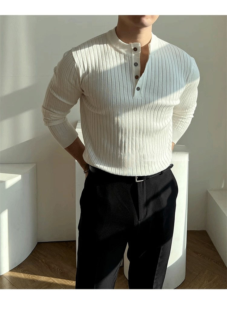 Men's Slim-Fit Henley Knit Shirt - Breathable Polyester Long Sleeve Top, Striped Muscle Fit For Gym & Casual Wear (Spring/Fall Collection)_viptrois.com