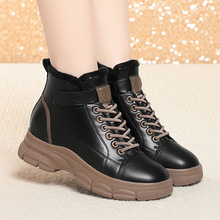 冬季加绒加厚平跟抗寒防冻中年妈妈皮靴纯色百搭简约款魔术贴松紧
