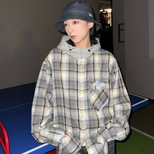 原创美式潮牌拼接连帽格纹休闲长袖衬衫男女ins潮流情侣衬衣