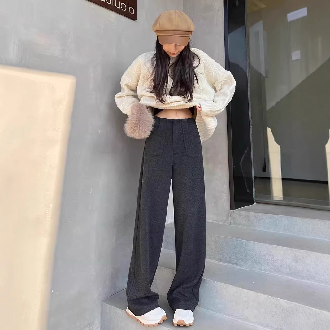 회색 좁은 넓은 다리 바지 여성용 기모 높은 허리 데프 고급 울 톨 세트 바지 캐주얼 스트레이트 바지 가을과 겨울