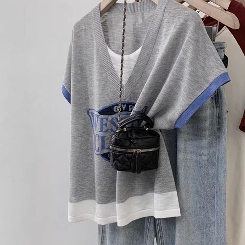 Large size fake two-piece straight shoulder ice silk short-sleeve t-shirt women's summer summer 2024 new style loose design niche top