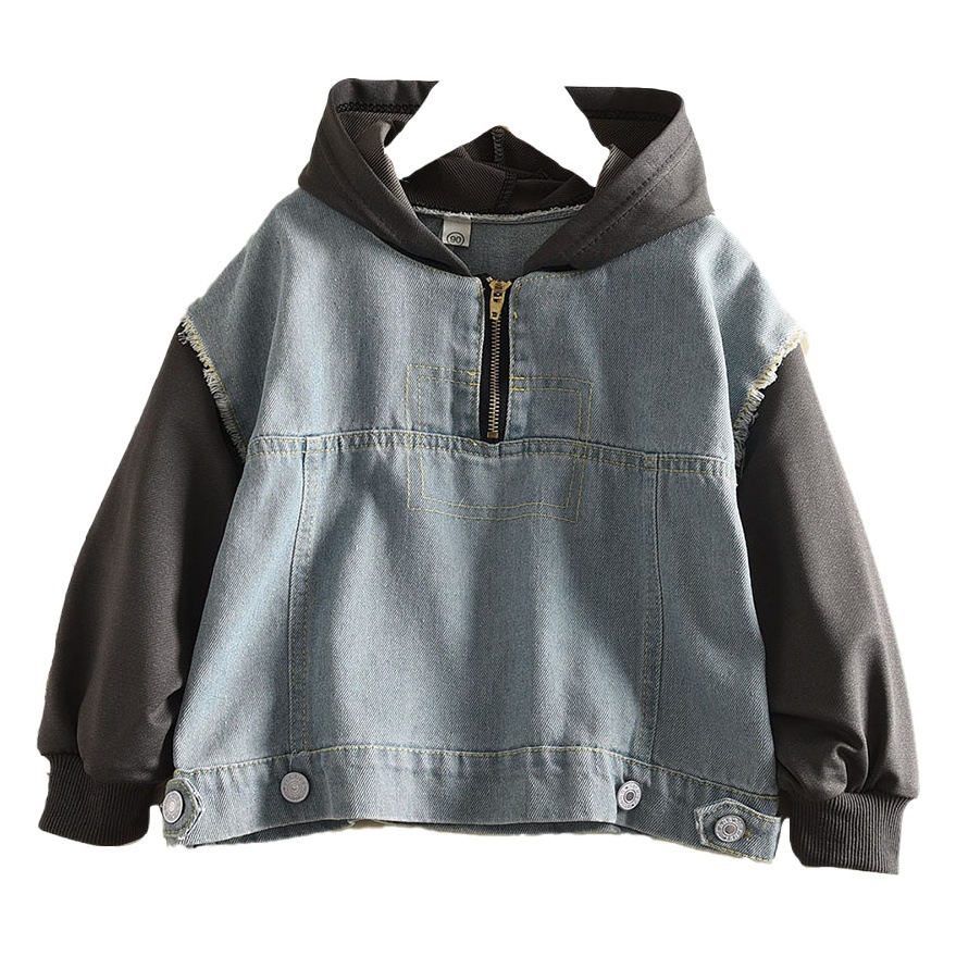 Children's Clothing New Casual Sweatshirts for Boys and Girls Spring & Fall Korean Style Hooded Denim Splicing Tops Trendy Children's Sweatshirts