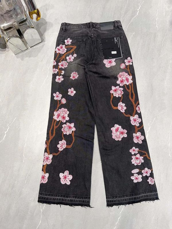 ヨーロッパとアメリカのクロスボーダーストリートゴシックスタイル桜刺繍ジーンズy2k男性と女性の同じスタイルのレトロファッションストレートパンツ|undefined