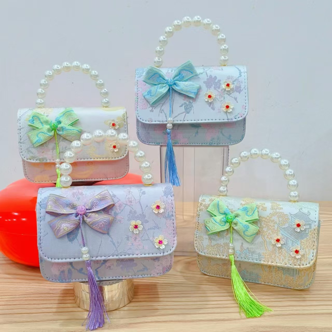 Hermoso bolso de arco de perla para niños nuevo estilo antiguo bolso de borda de color extranjero bolso de hombro con diamantes