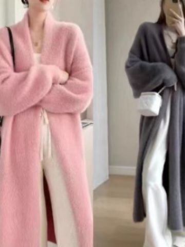 Faux mink velvet elegant long over-the-knee sweater cardigan for women autumn and winter New lazy style loose thick knitted coat