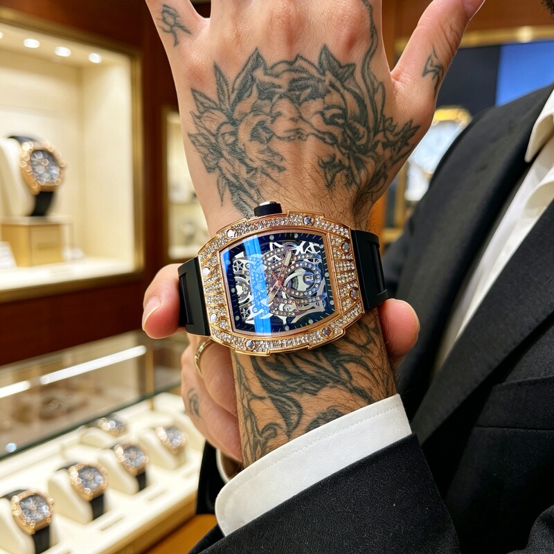 TK's best-selling model, Richard's exquisite men's watch with hollow design and full diamond inlay, silicone strap, direct from the manufacturer for wholesale and dropshipping