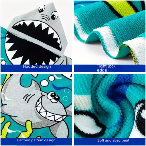 Longli Cross-border Children's Hooded Towel Robe Quick-drying Absorbent Beach Towel with Cartoon Swimming Print