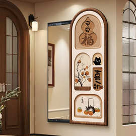 柿柿如意玄关装饰画暗藏式穿衣镜隐藏式全身镜中古风隐形推拉镜子