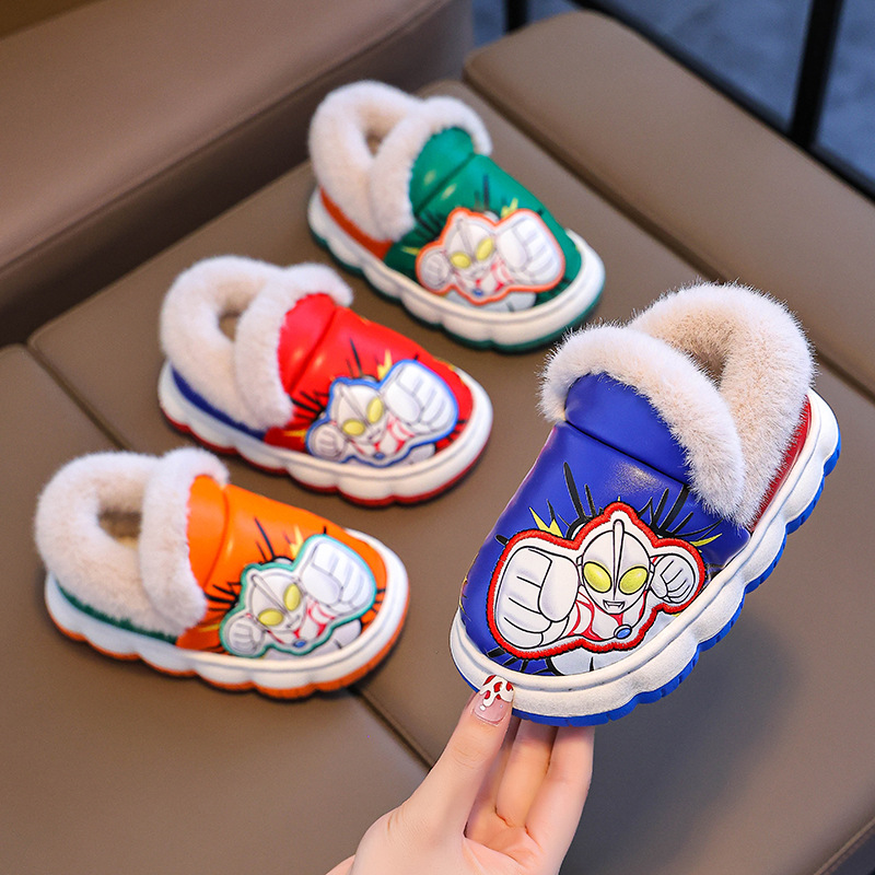 Ultraman invierno niños zapatos de algodón bolsas tacones cálidas lana PU impermeable suela gruesa antideslizante zapatillas de algodón para niños caseros