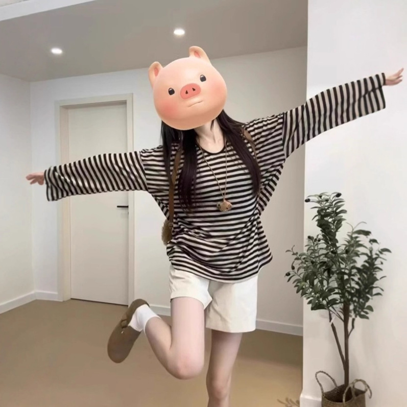 复古防晒宽松百搭长袖T恤女夏季2025新款休闲显瘦条纹中长款上衣|undefined