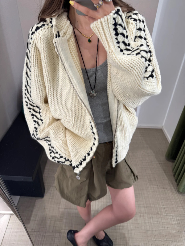 2025秋冬新款openyy设计粗针手工钩花拼接连帽羊毛毛衣针织外套女|undefined