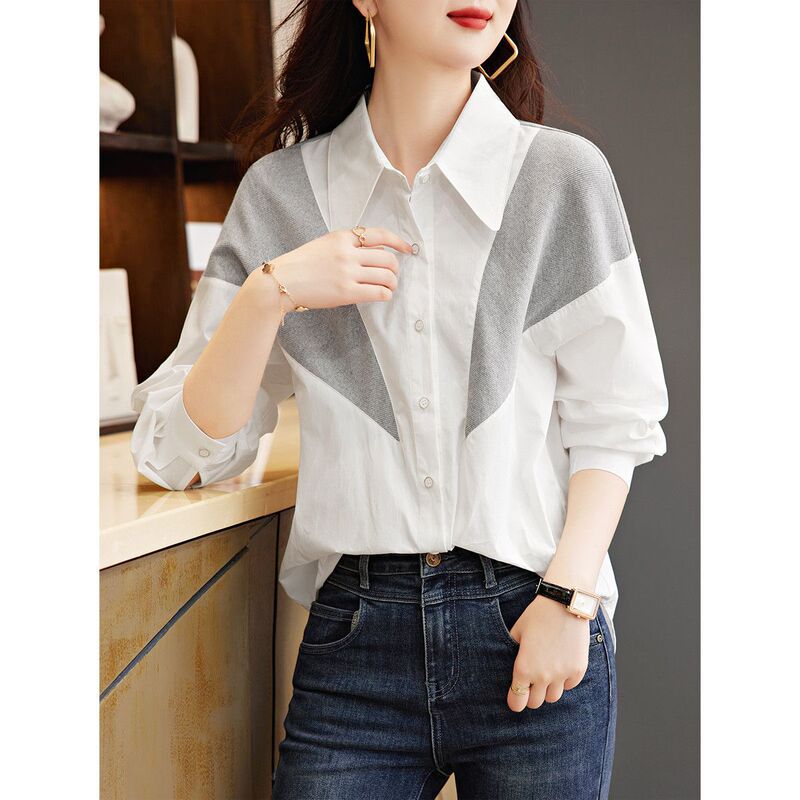 2025 Spring and Autumn Fat mm Temperament Shirt Autumn Women's Contrast Color Stitching Casual Plaid Loose Slim Shirt Women