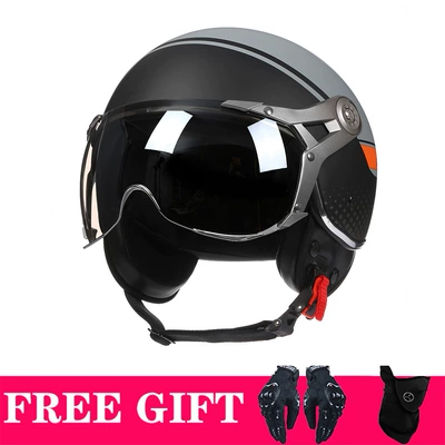 Foreign trade for electric car helmet half helmet four seasons universal men and women half cover motorcycle helmet in stock generation (Motosiklet kaskı (dəbilqə)) - black-gray-and-orange-lines-two-piece-set-original-electroplated-transparent-silver-lenses-please-contact-customer-service-if-you-need-tea-lenses-m