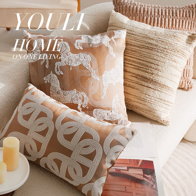 Funda de almohada de sofá de alta gama francesa de lujo ligero de estilo medio marrón, nueva almohada simple china, cojín de cabecera, respaldo