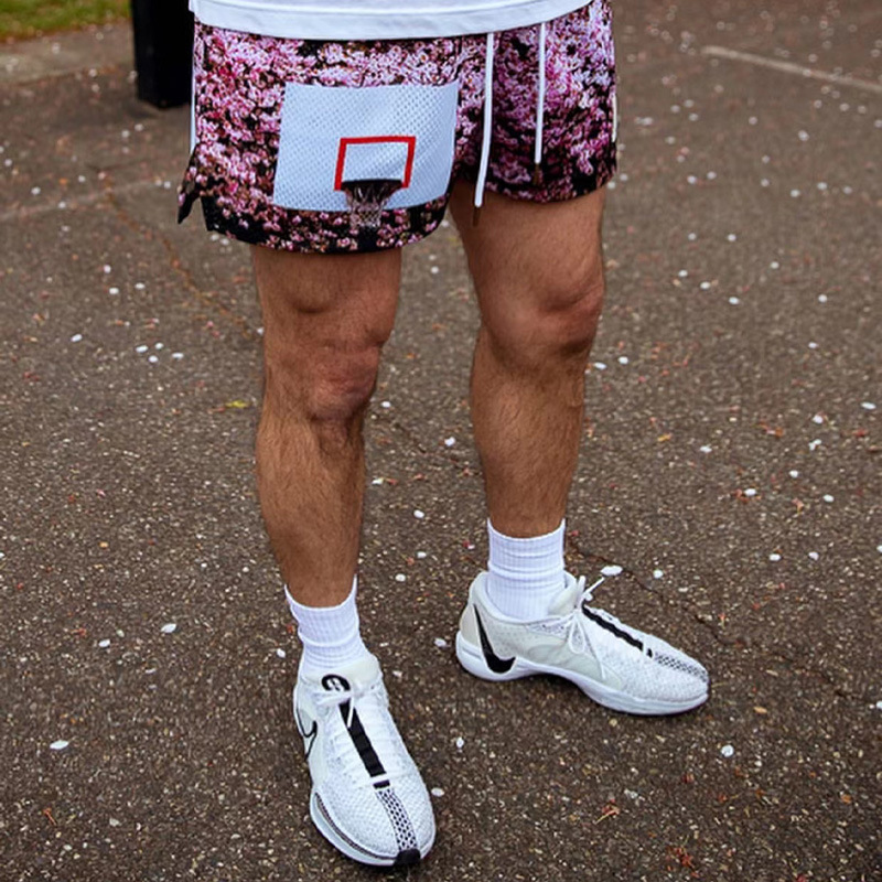 American Style Trendy Brand Rain Cherry Blossom Style Shorts Men's and Women's Mesh Quick-drying Loose plus size Knee-free Basketball Quad Shorts
