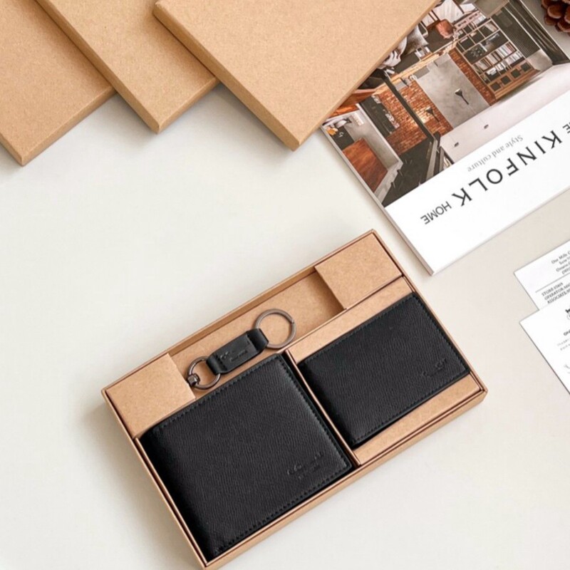 Cross-Border Men's Presbyopic Embossed Short Business Casual Cowhide Wallet Half-Fold Wallet Card Holder Keychain Three-In-One