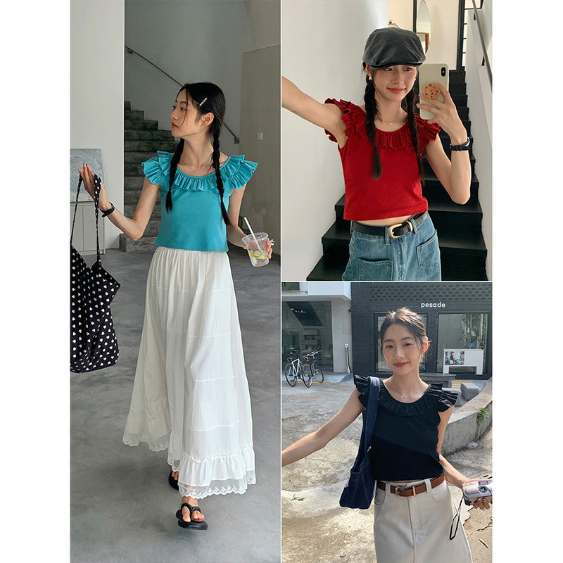 Huangluan Korean Style Ruffled Small Flying Sleeve Babydoll Shirt for Women 2025 Summer Slim Short Shirt Top 142Ch555