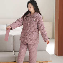纯棉梭织格三层夹棉女生睡衣公主风棉袄娃娃领加厚保暖开衫家居服