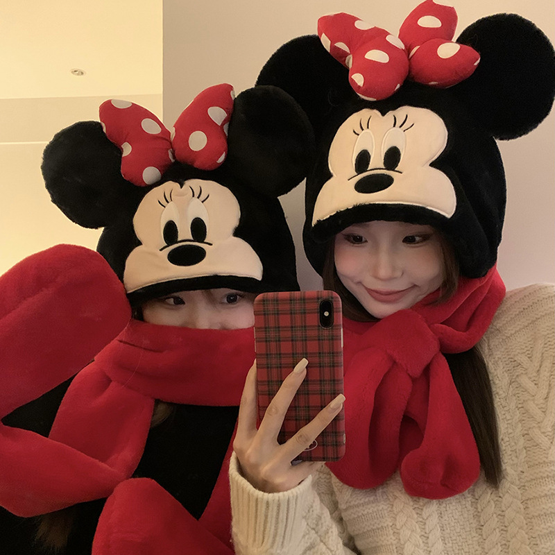 Genuine Authorized Mickey Donald Duck Cute Fluffy Hat Three-piece Set Winter fleece-lined Warm Hat Scarf Two-piece Set