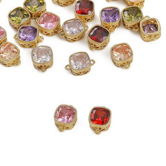 保色14K包金銅製鑲鋯四方雙吊配飾手工DIY手鍊項鍊連接首飾品配件