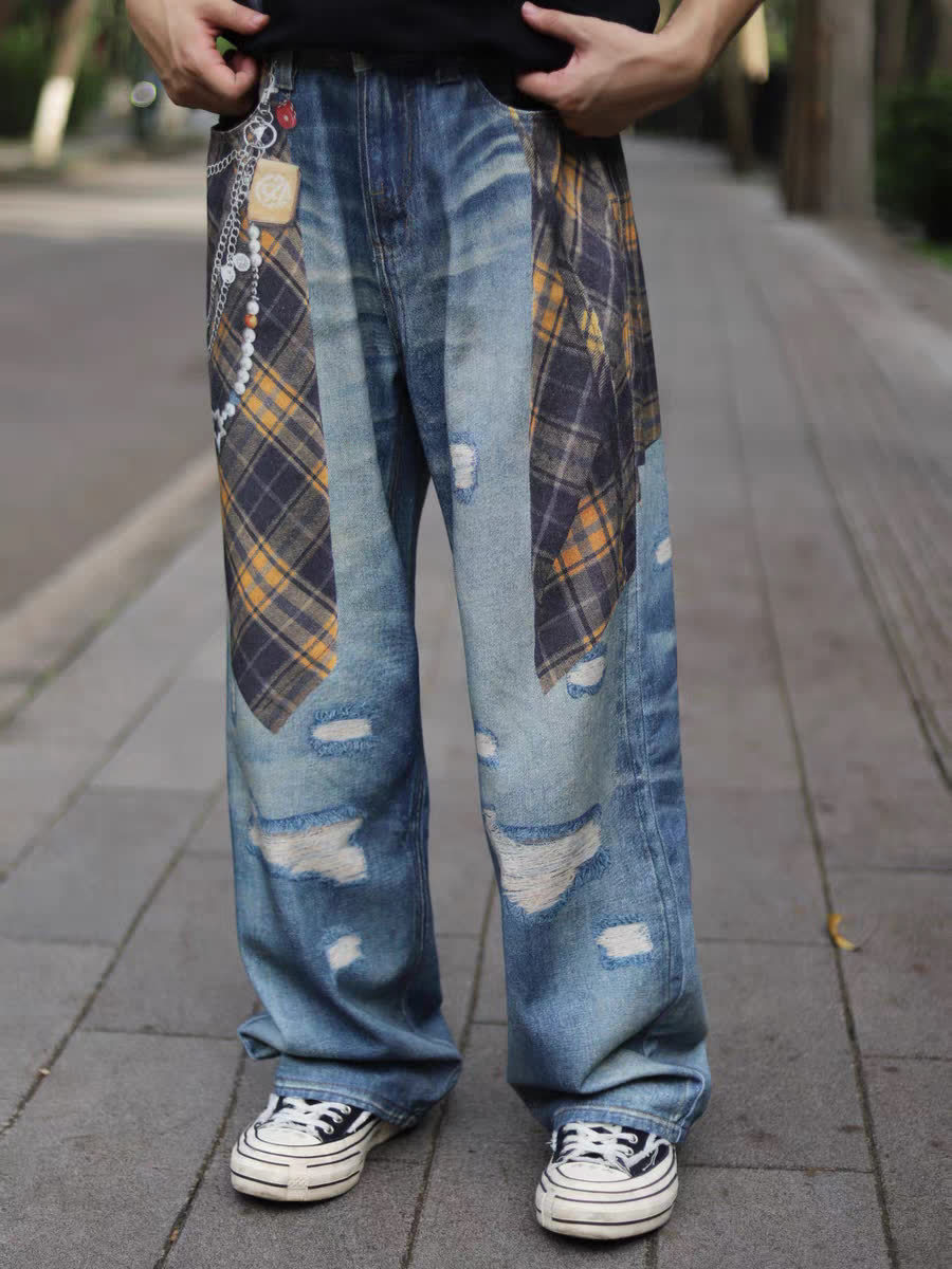 Herren Jeans Im Retro Patchwork Design Mit Geradem Beinverlauf_voghion.com