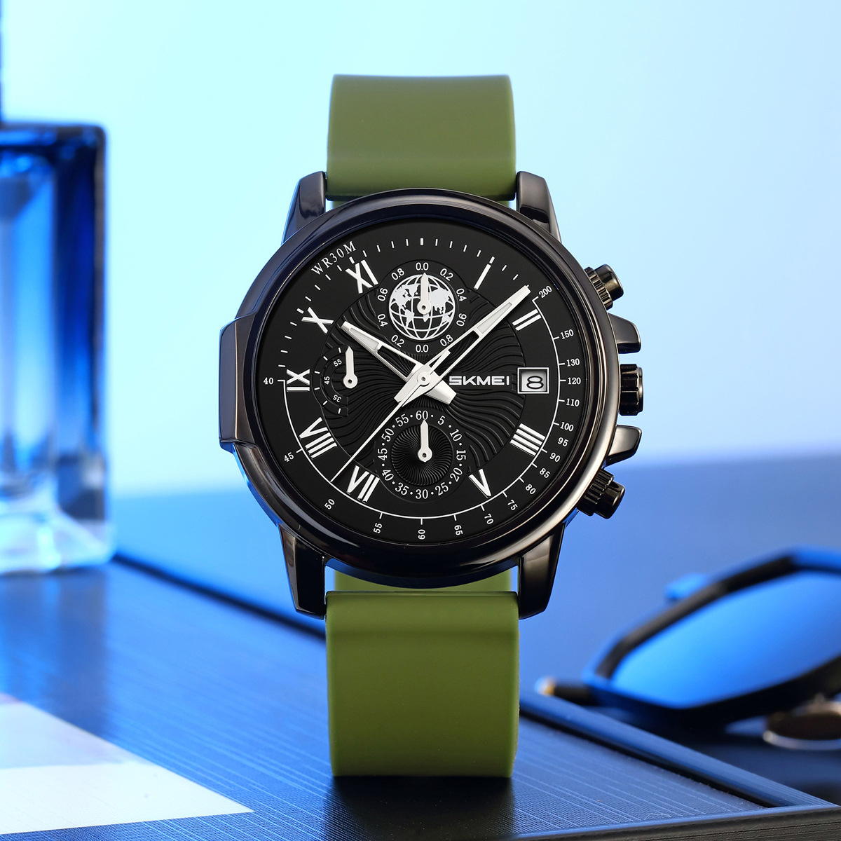 Momento de belleza para hombres tres ojos seis agujas reloj de cuarzo multifuncional silicona correa impermeable luz nocturna relojes de pulsera de ocio transfronterizos al por mayor