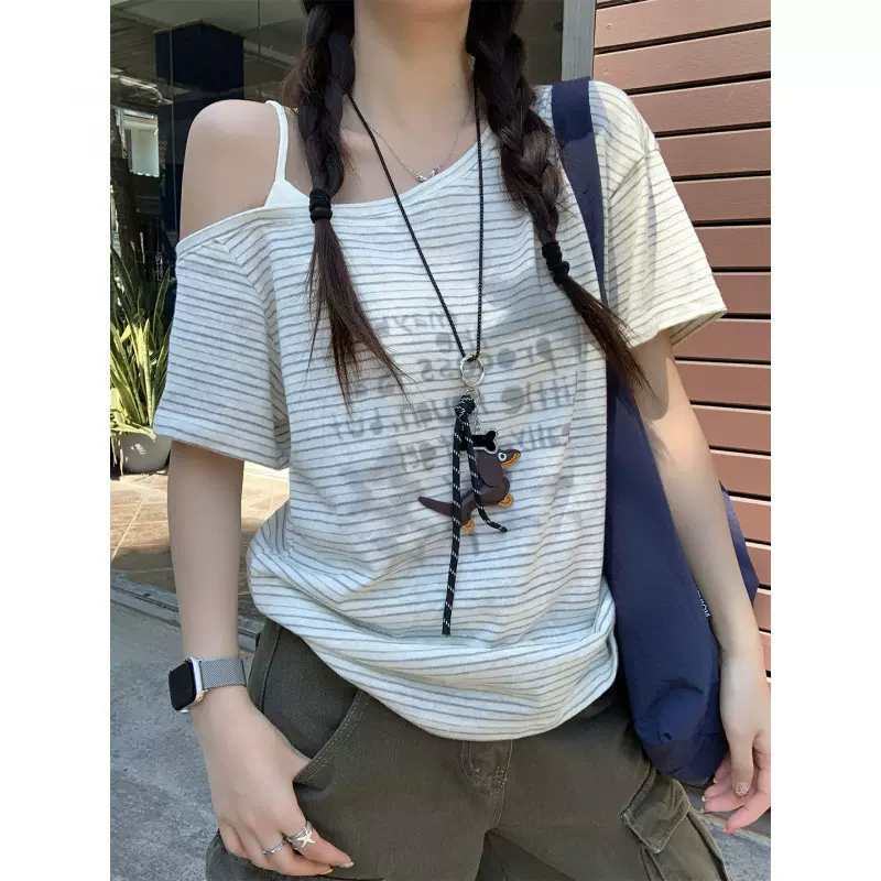 韩系条纹斜肩短袖t恤女夏季2026新款设计感小众薄上衣宽松慵懒风