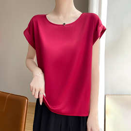 新款真丝醋酸缎面短袖t恤女圆领宽松纯色简约西装内搭桑蚕丝上衣