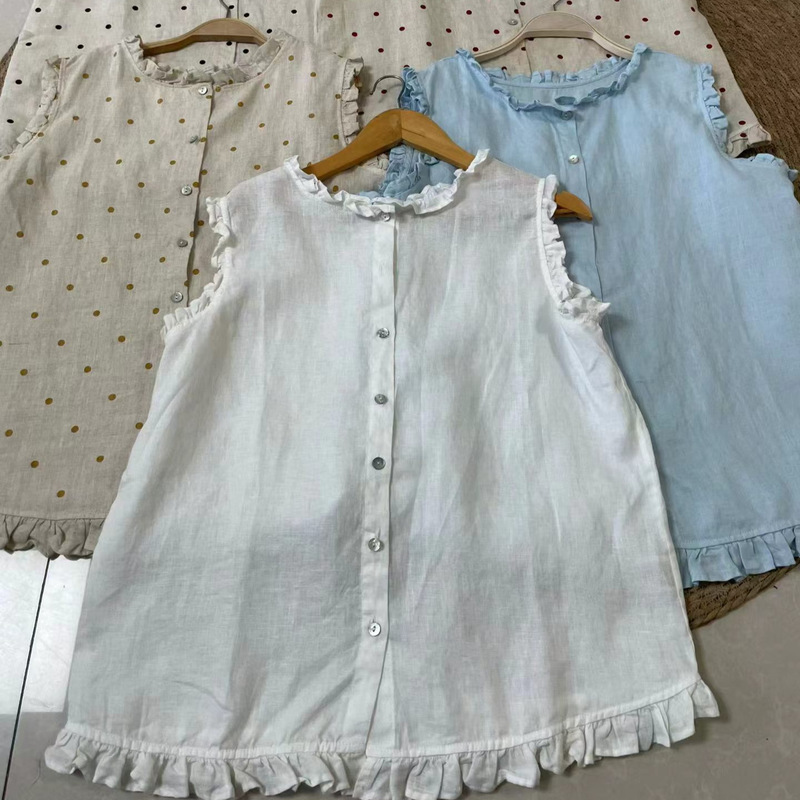Japanese-Style Linen Lace Sleeveless Shirt for Women, Summer 2026 New Model, Elegant Versatile Sweet Slim-Fit Top Trendy Blouse
