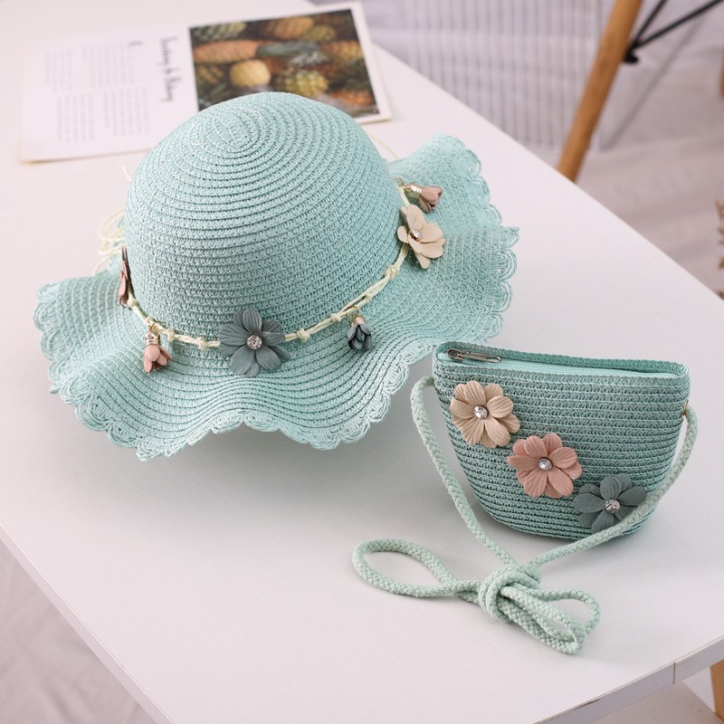 Flower diamond wavy edge straw hat-green