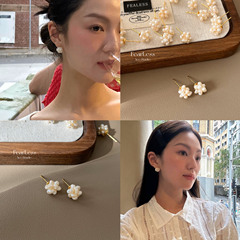 韓国レトロ天然淡水真珠ピアス洗練された気質百合高級感真珠イヤリング女925銀針
