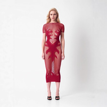 欧美跨境夜店镂空网眼连体裙修身情趣性感显瘦紧身中长蕾丝连衣裙