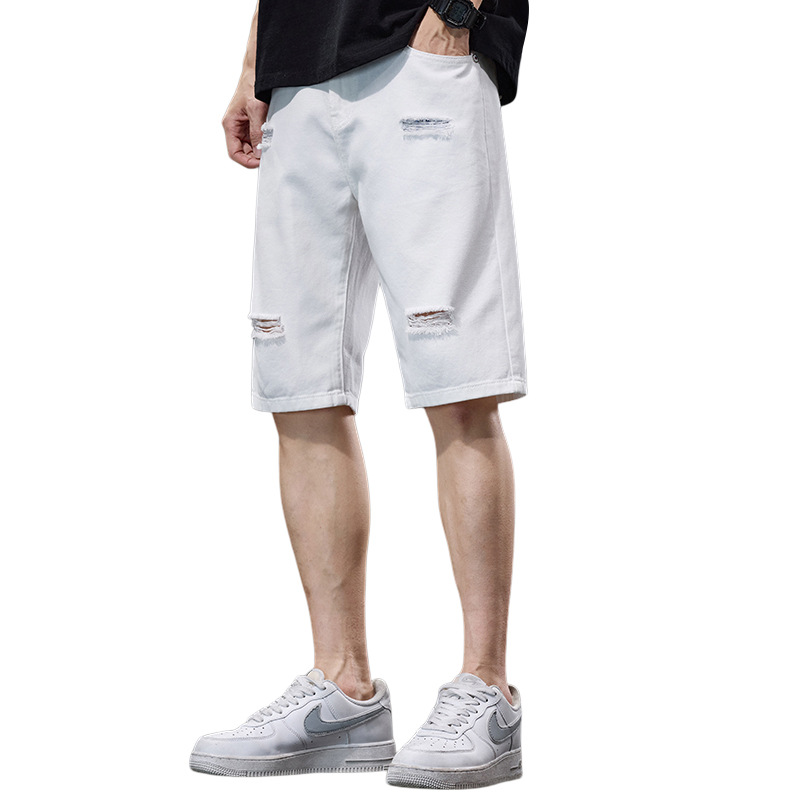 Pure Cotton Ripped Denim Shorts Men's Straight Hip-Hop Men's Mid-Length Pants 2025 Summer New White Five-Point Pants Men