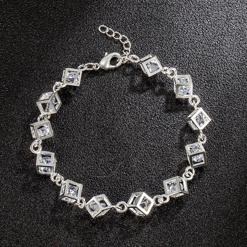 Bracelet cube charms, silver-plated with colored crystals — 12-piece set, adjustable chain