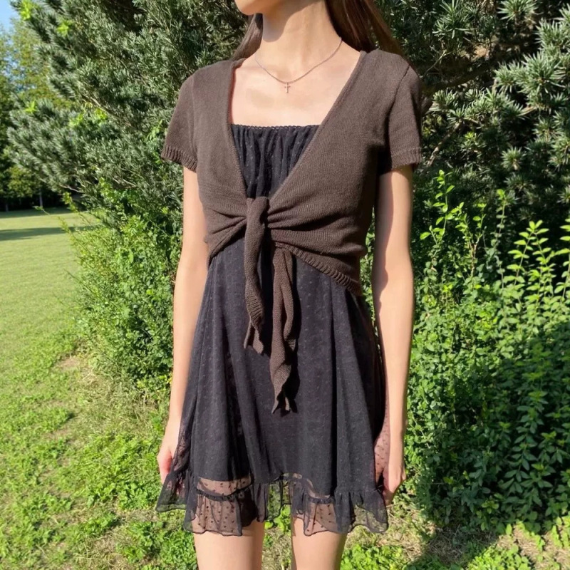 Bm Style New Brown V-Neck Tie Short-Sleeve Knit Cardigan for Women, Versatile Short Wrap-Style Top Bm Style New Brown V-Neck Tie Short-Sleeve Knit Cardigan for Women, Versatile Short Wrap-Style Top