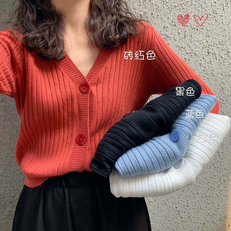 春秋新款宽松温柔风短款韩版网红V领外穿长袖针织开衫女装上衣ins|undefined