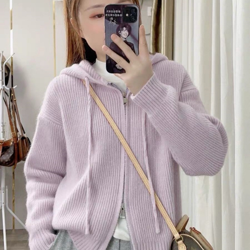连帽双拉链针织衫小众外套秋冬新款毛衣内搭打底衫上衣女开衫外套