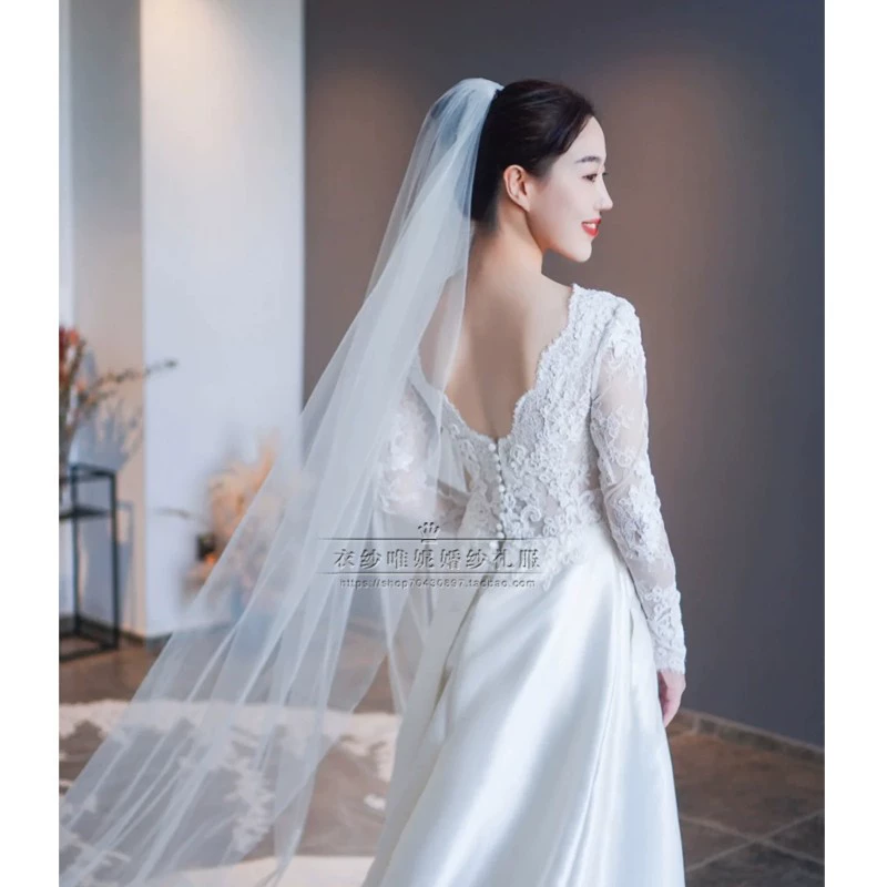 White long-sleeve for bride, french style, fitted, open shoulders