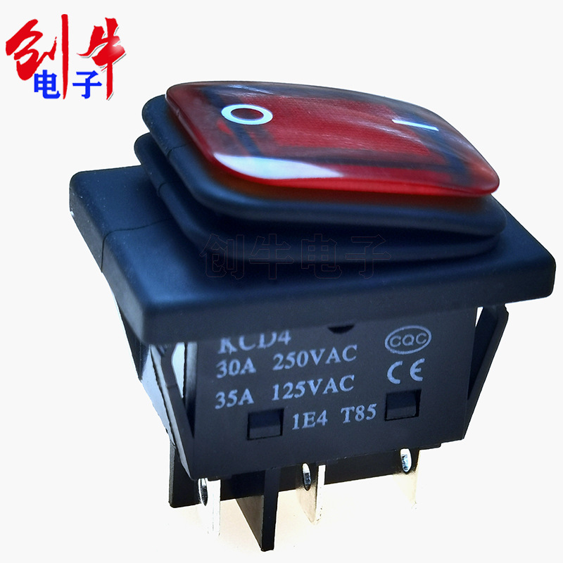 KCD430A大电流 6脚2档 银点翘板防水船型开关红盖带灯KCD2-21N-F