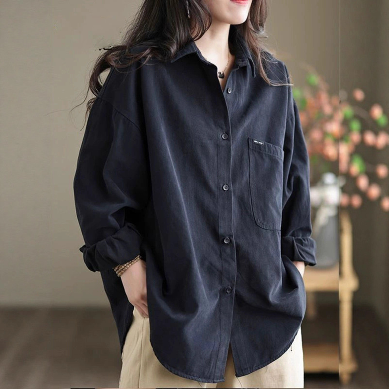 Casual Cotton Shirt Jacket for Women Spring & Fall New Korean Style Loose Retro Black Hong Kong Style Slim Cotton Top