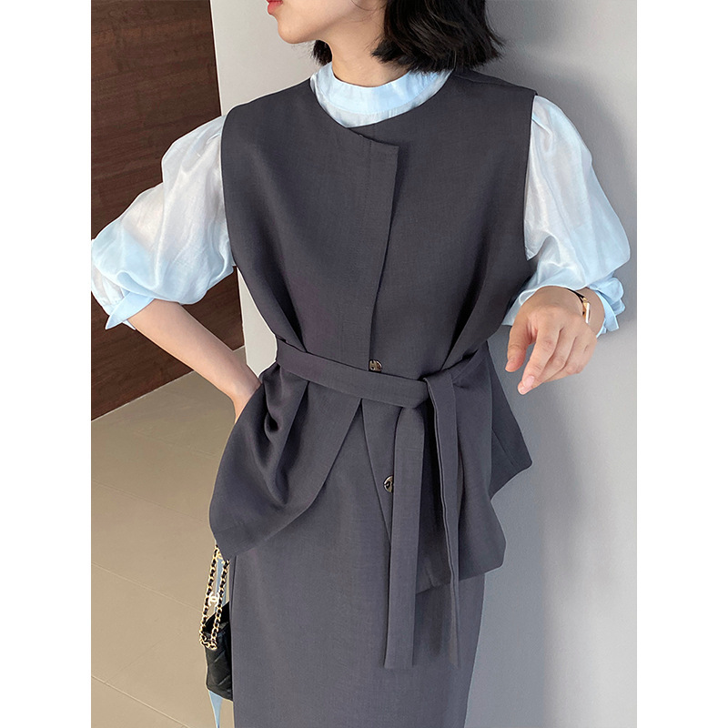 Jiangzuo Korean-Style High-Quality Slimming Suit Set Sleeveless Vest + Skirt for Women with Belt 1185